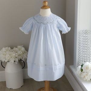 Blue Rosette Bishop Dress Smocked Heirloom Embroidery Feltman Brothers LIKE NEW